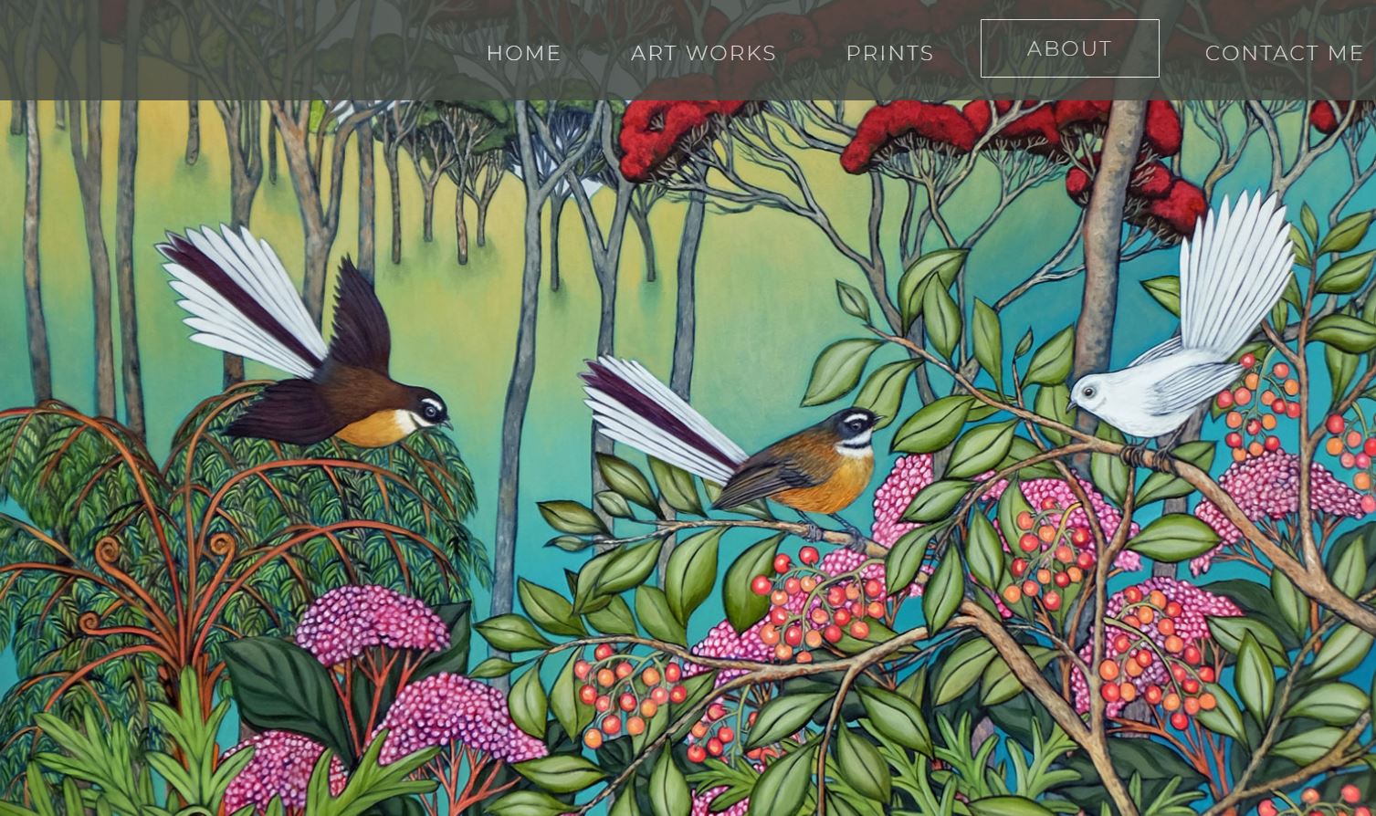 A painting of three New Zealand fantails on a bush filled with berries and flowers.