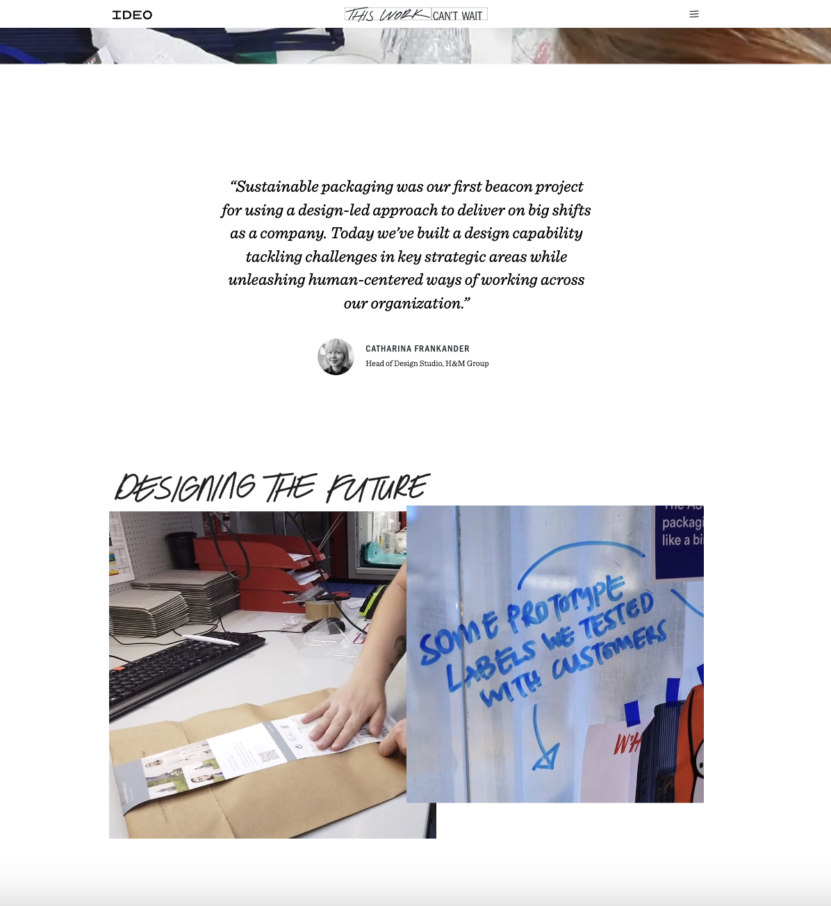 Webpage featuring a client pull quote and two photographs of product prototypes.