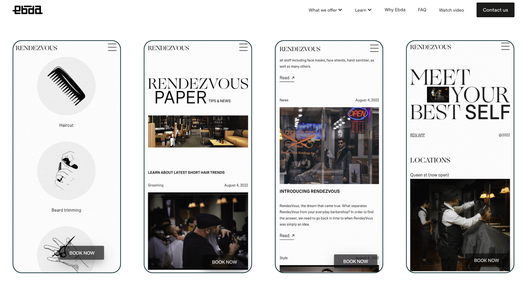 Webpage featuring four mockups of different sections of a website.