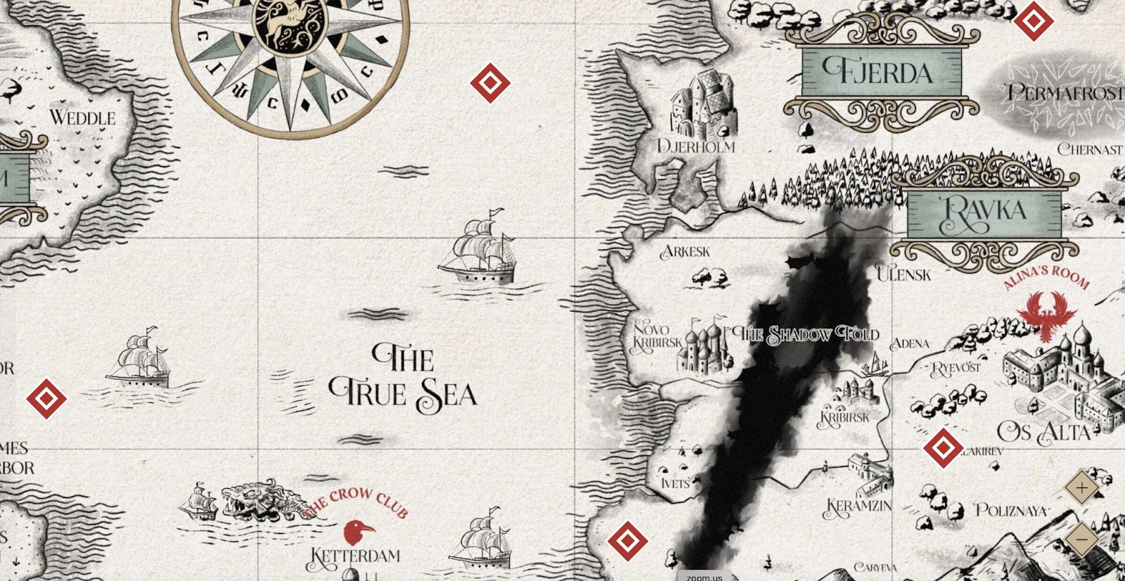 An image of Timothy Rick's clonable interactive map. Throughout the map there are diamond icons that trigger a pop=up screen when clicked.