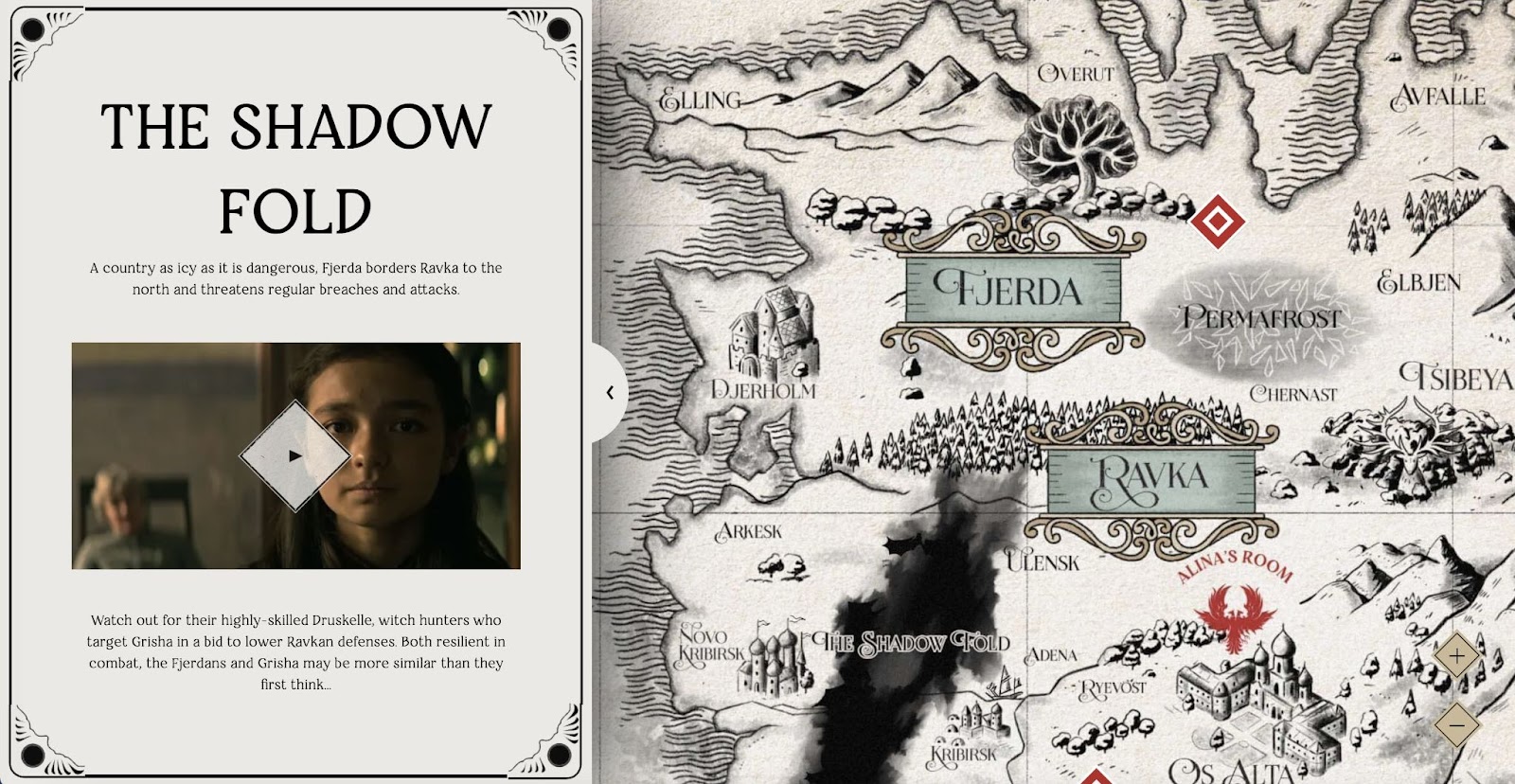 A view of a pop-up in the interactive map. This one reads "The Shadow Fold" and features a video and short explainer.