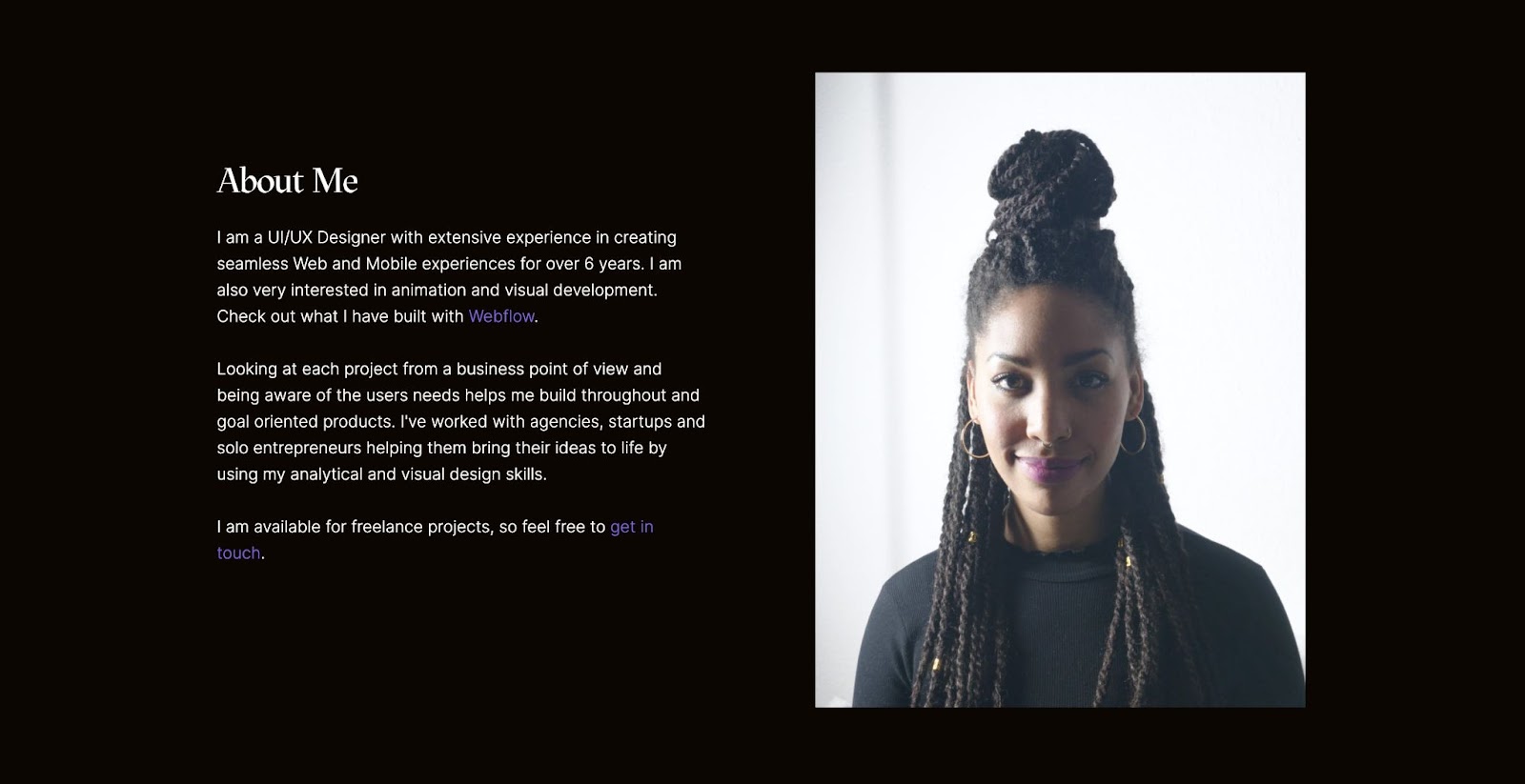 An image of Josephine Heide's "About Me" section.