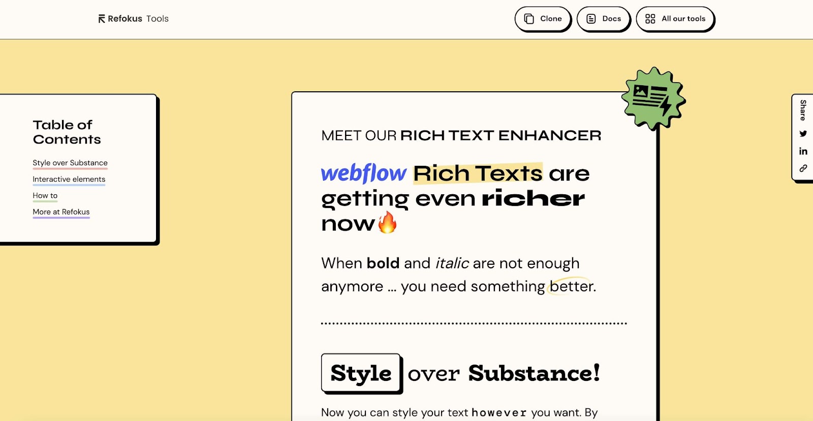 The Rich Text Enhancer page on the Refokus Tool site.