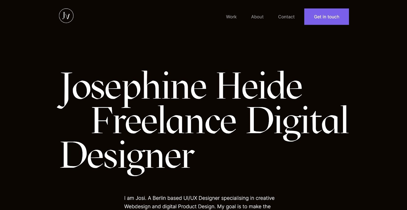 The homepage for Josephine Heide's portfolio. It reads "Josephine Heide Freelance Digital Designer."
