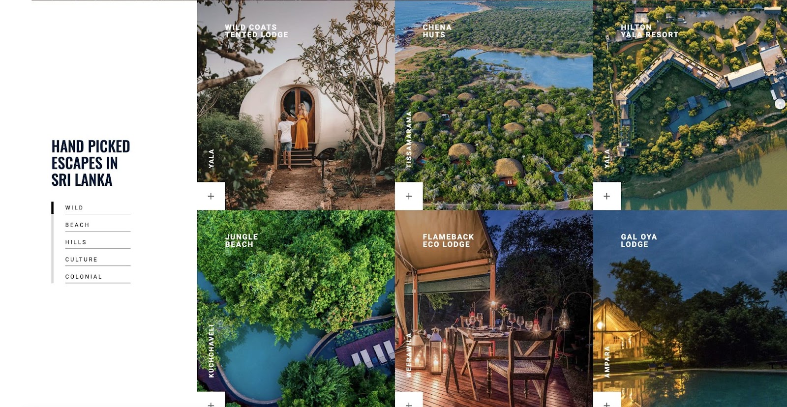 Another part of the page which showcases different "hand picked escapes in Sri Lanka."
