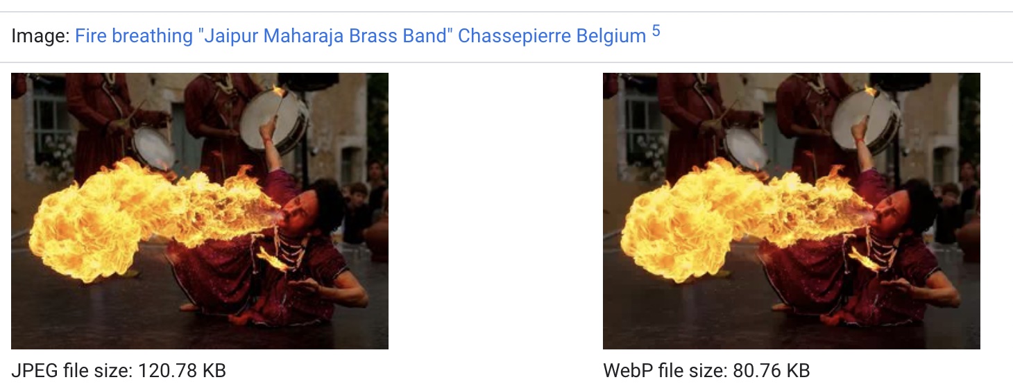 An image of how Google's WebP galleries compare image quality and size between WebP and other formats.