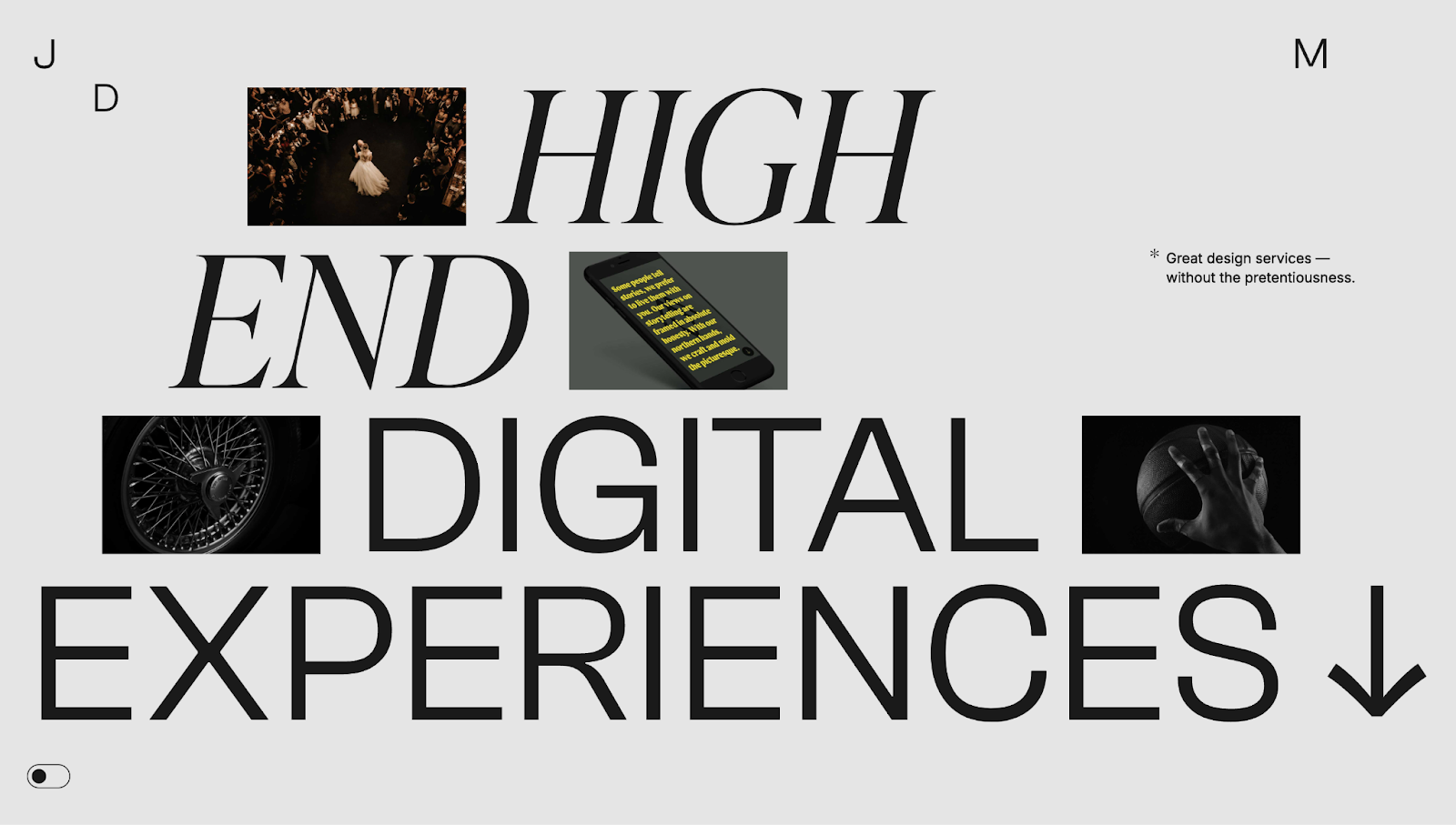 A screenshot of Jonathan Morin’s Jomor Design website with the text “High End Digital Experiences” in bold typography against thumbnails and a light gray background.
