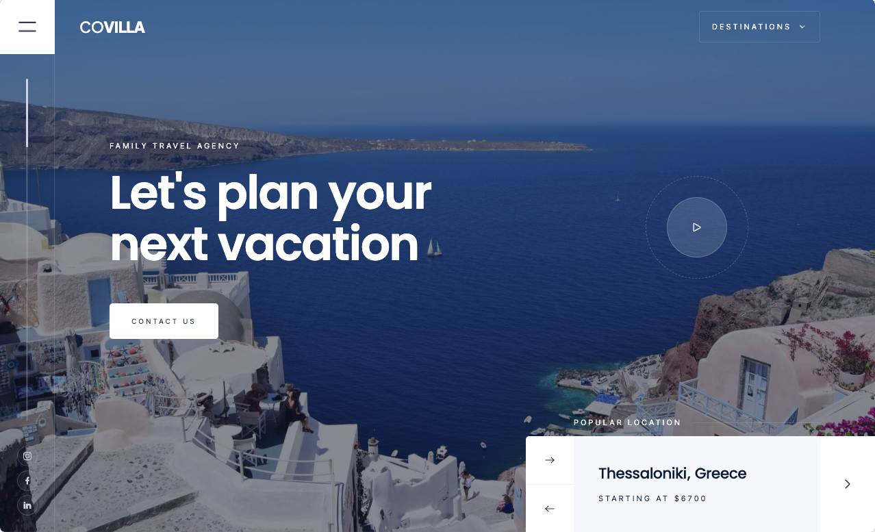 A screenshot of COVILLA’s website featuring a full-screen image of Greece with the text “Let’s plan your next vacation.”