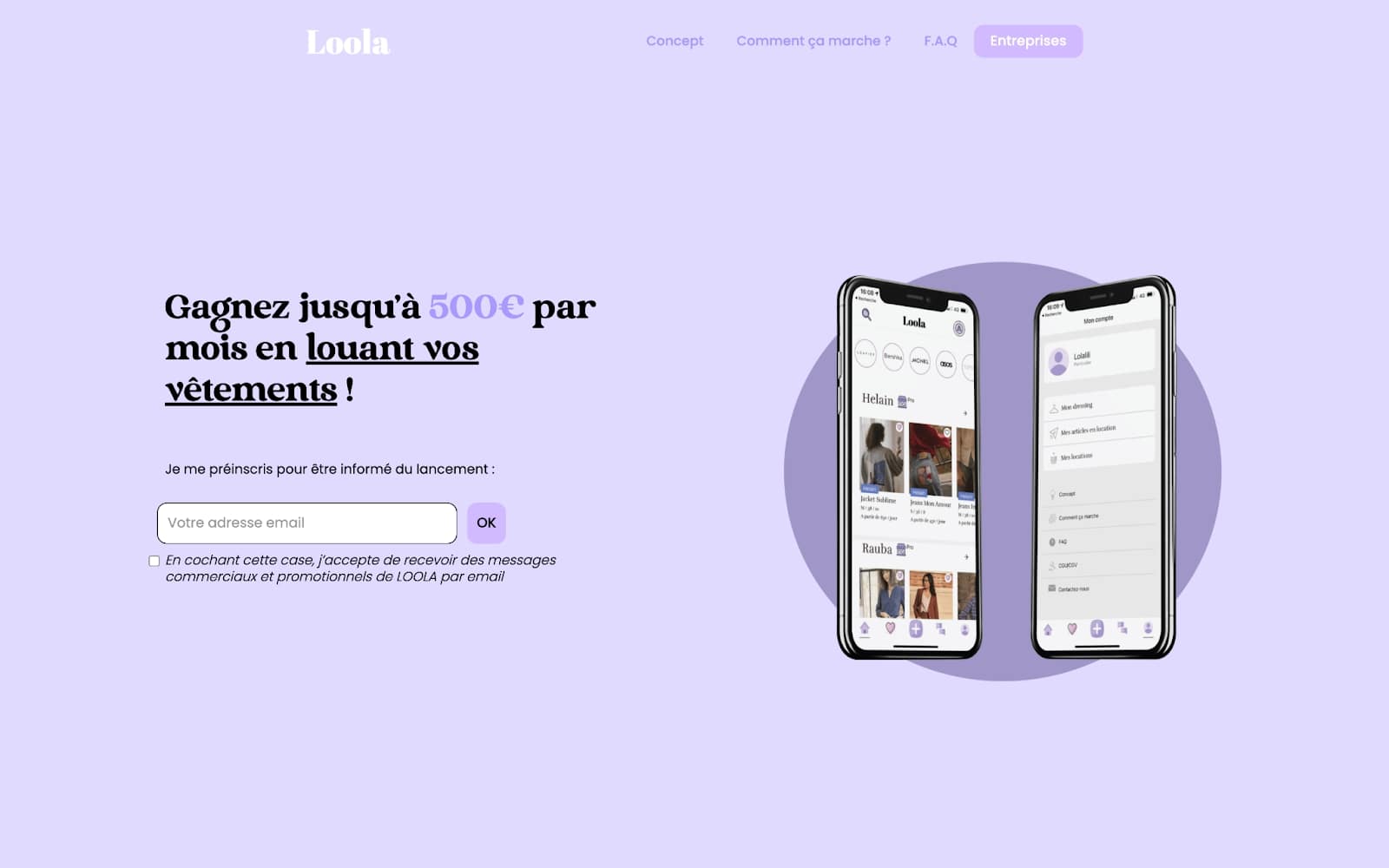 An image of Loola's home page.