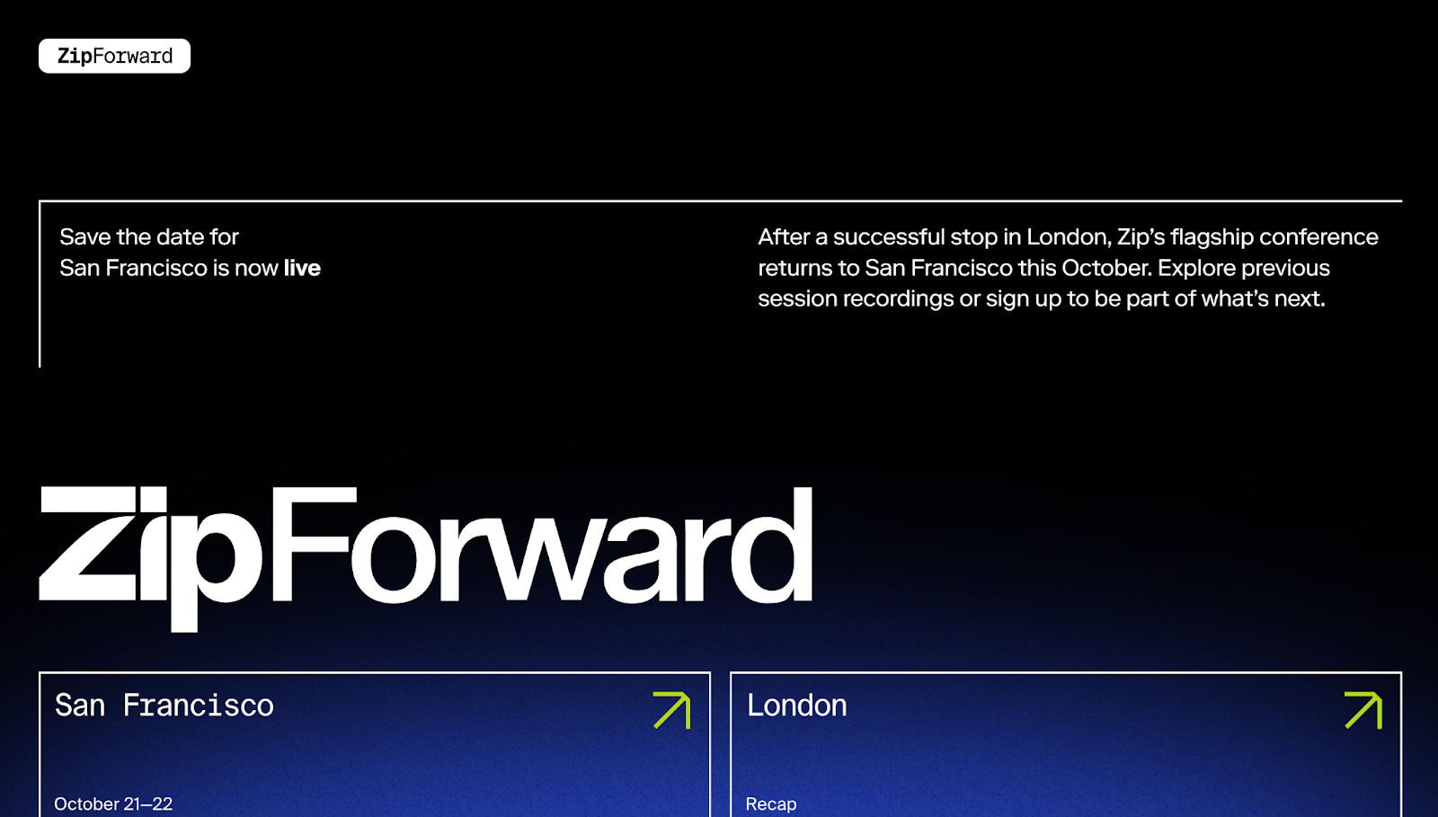 A screenshot of ZipForward’s website showing a blue-and-black gradient with white text.