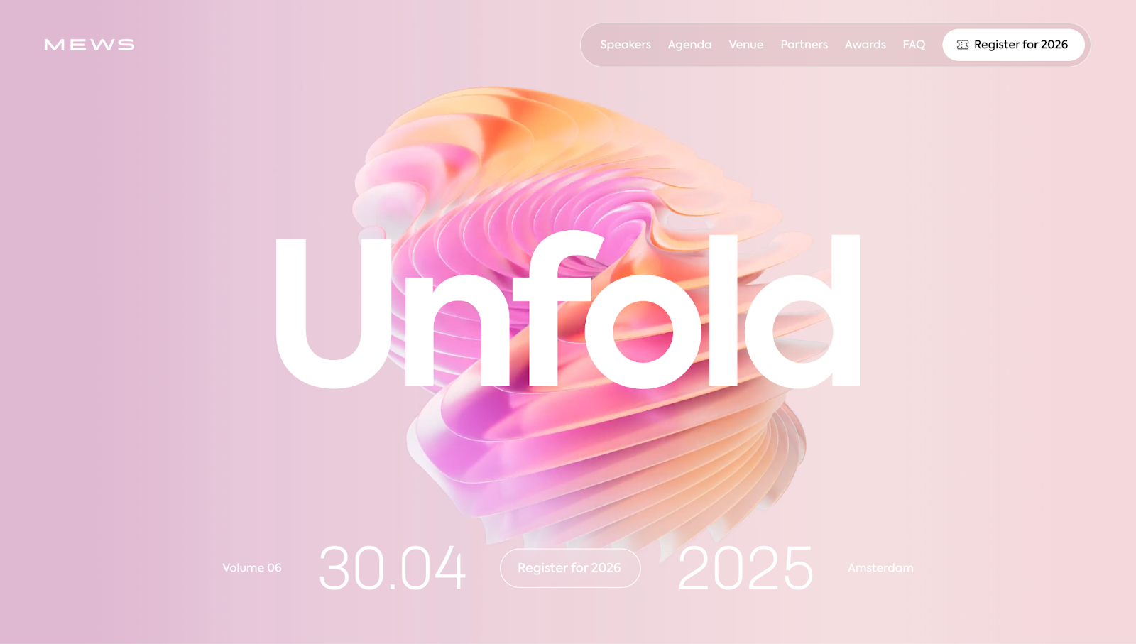 A screenshot of Unfold’s website with a flower-like graphic behind the header and event dates on a pink gradient background.