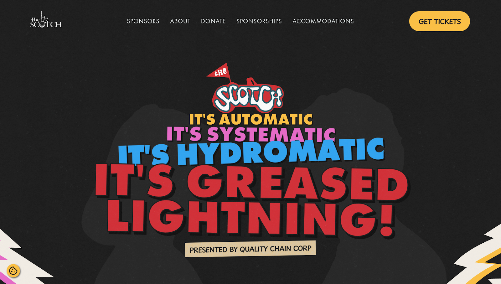A screenshot of The Scotch’s website showing a Grease-themed headline with large typography and bold colors against a dark background.