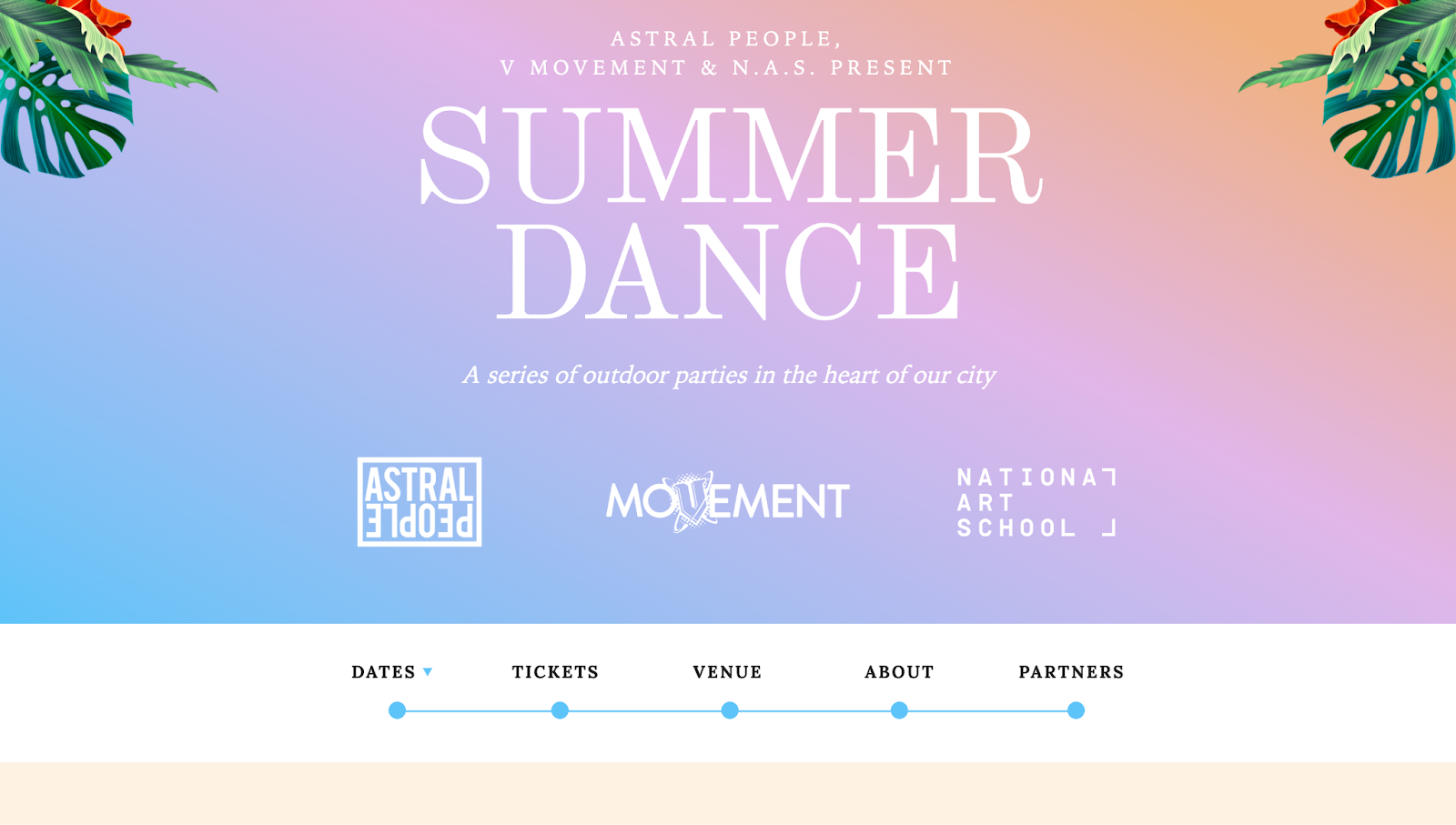 A screenshot of Summer Dance’s website with white text and a blue, purple, and peach gradient background.