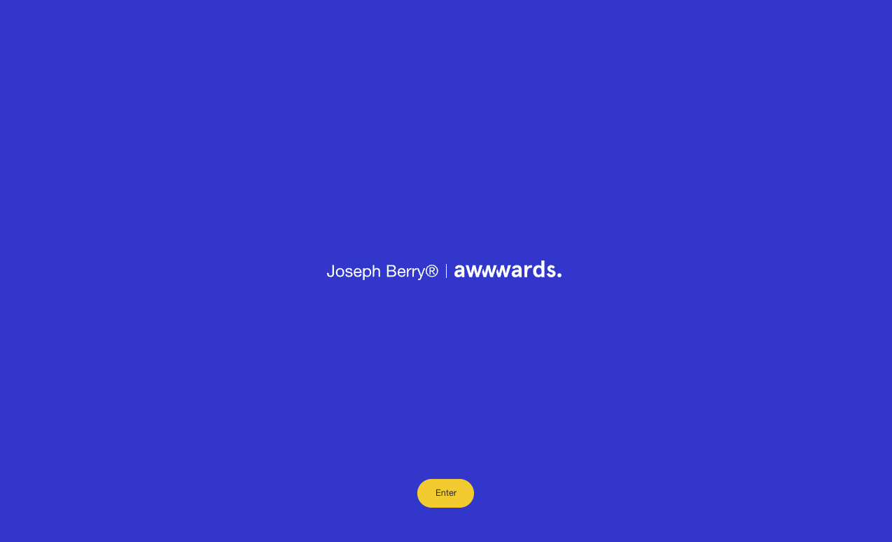A screenshot of Joseph Berry’s awwwards splash page featuring a blue background and yellow “Enter” button.