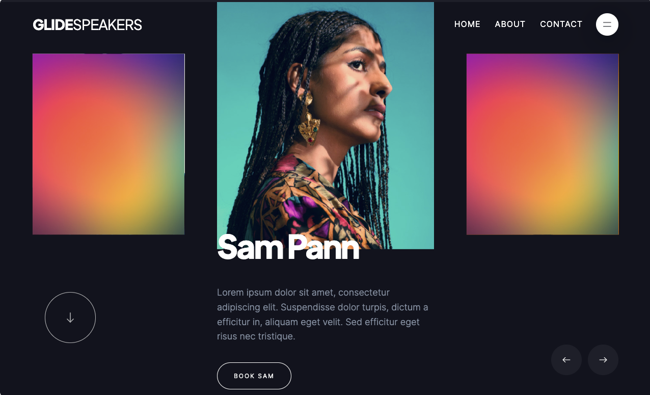 A screenshot of Glidespeakers’ homepage featuring a carousel slider and an image of a woman with the text “Sam Pann.”