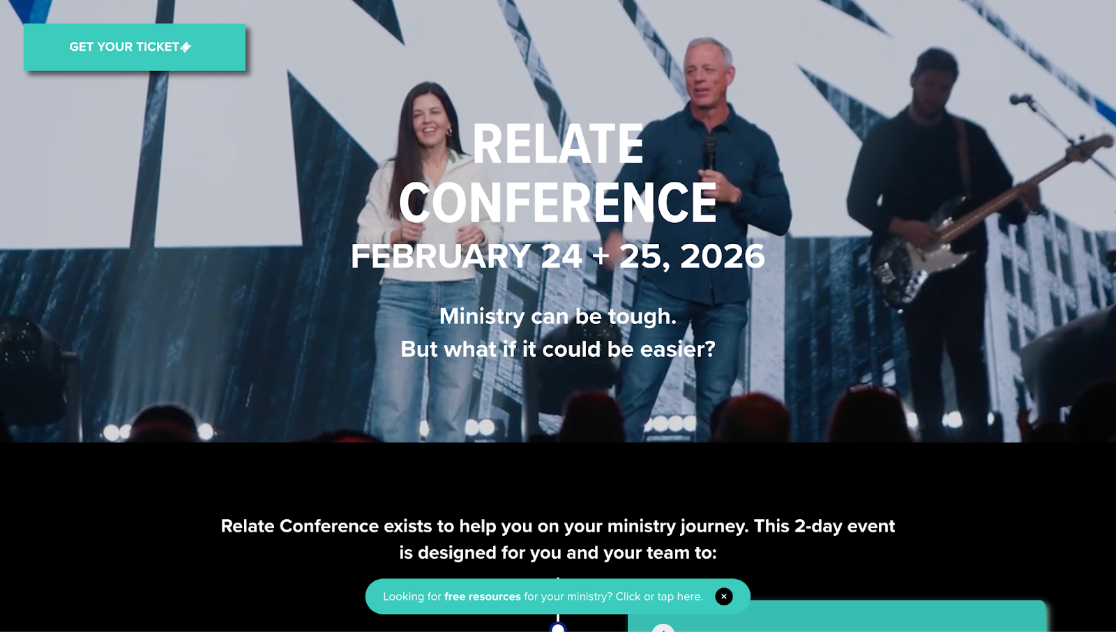A screenshot of Relate Conference’s website with white text, teal buttons, and a header image.