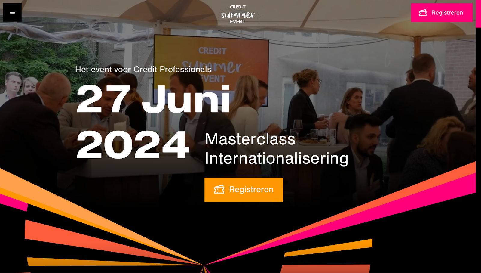 A screenshot of Credit Summer Event’s website showing the event’s date against a background video with orange and pink abstract elements.