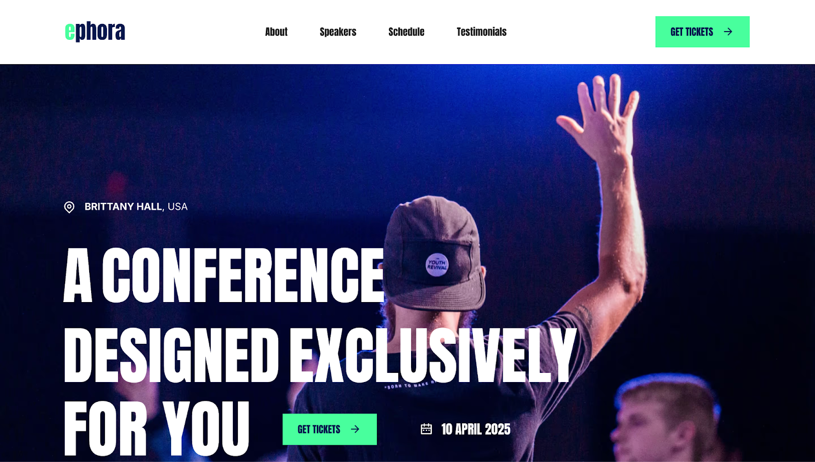 A screenshot of Ephora’s event website template with a header image and the text “A conference designed exclusively for you.”