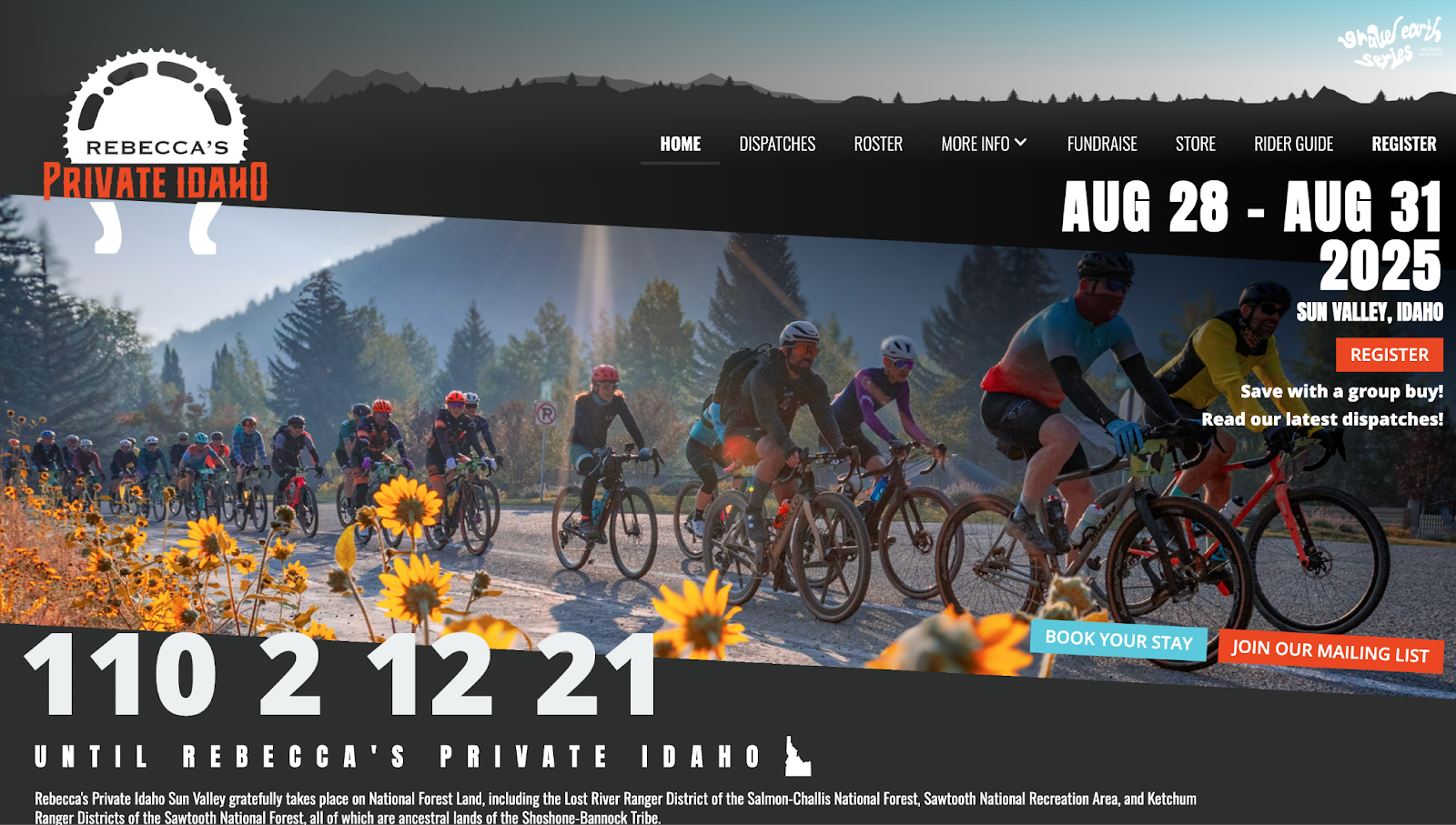 A screenshot of Rebecca’s Private Idaho’s website, showing a header image, dates, a live countdown, and other event-related information.