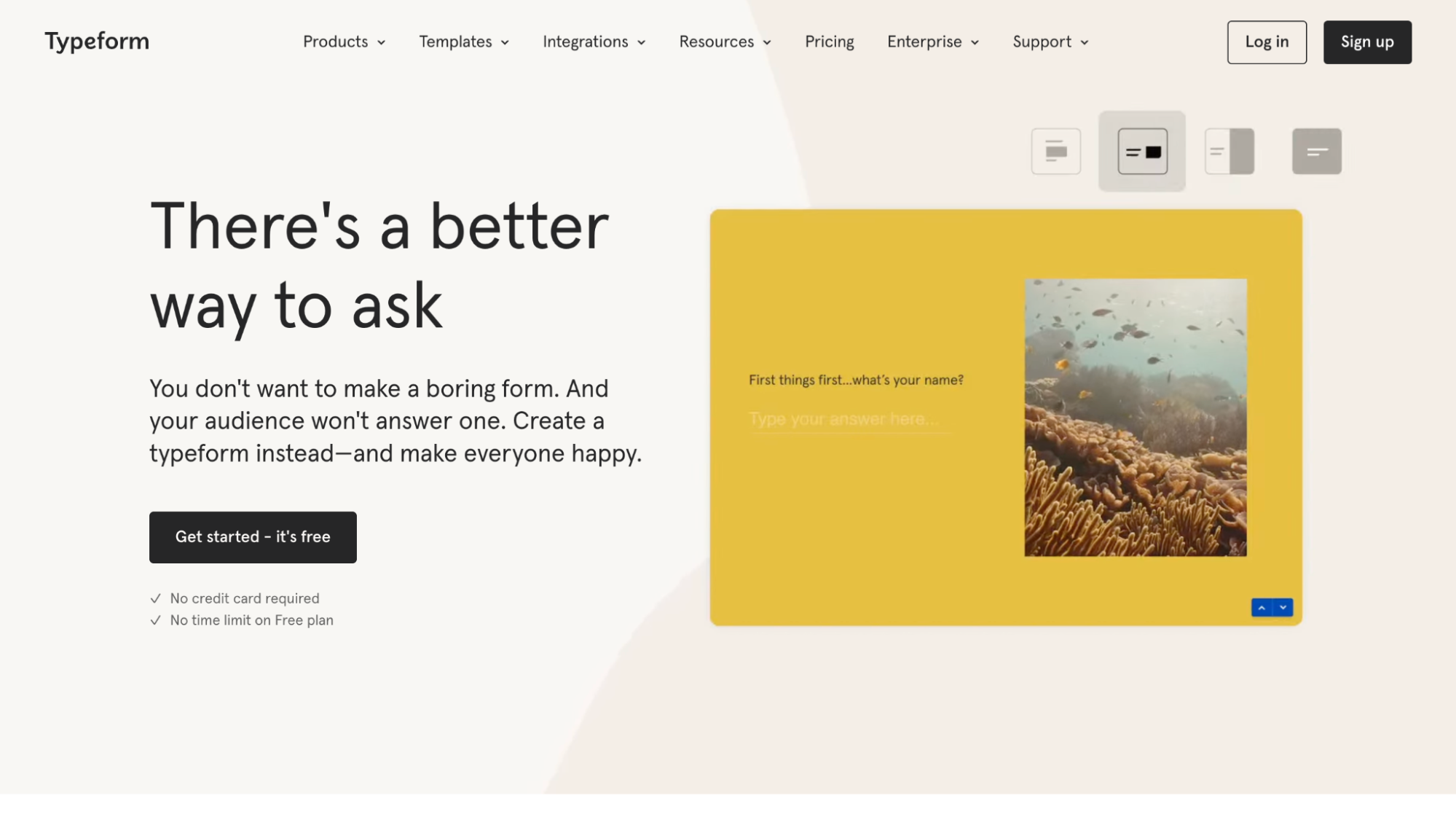 Screenshot of Typeform homepage with headline "There's a better way to ask"Y