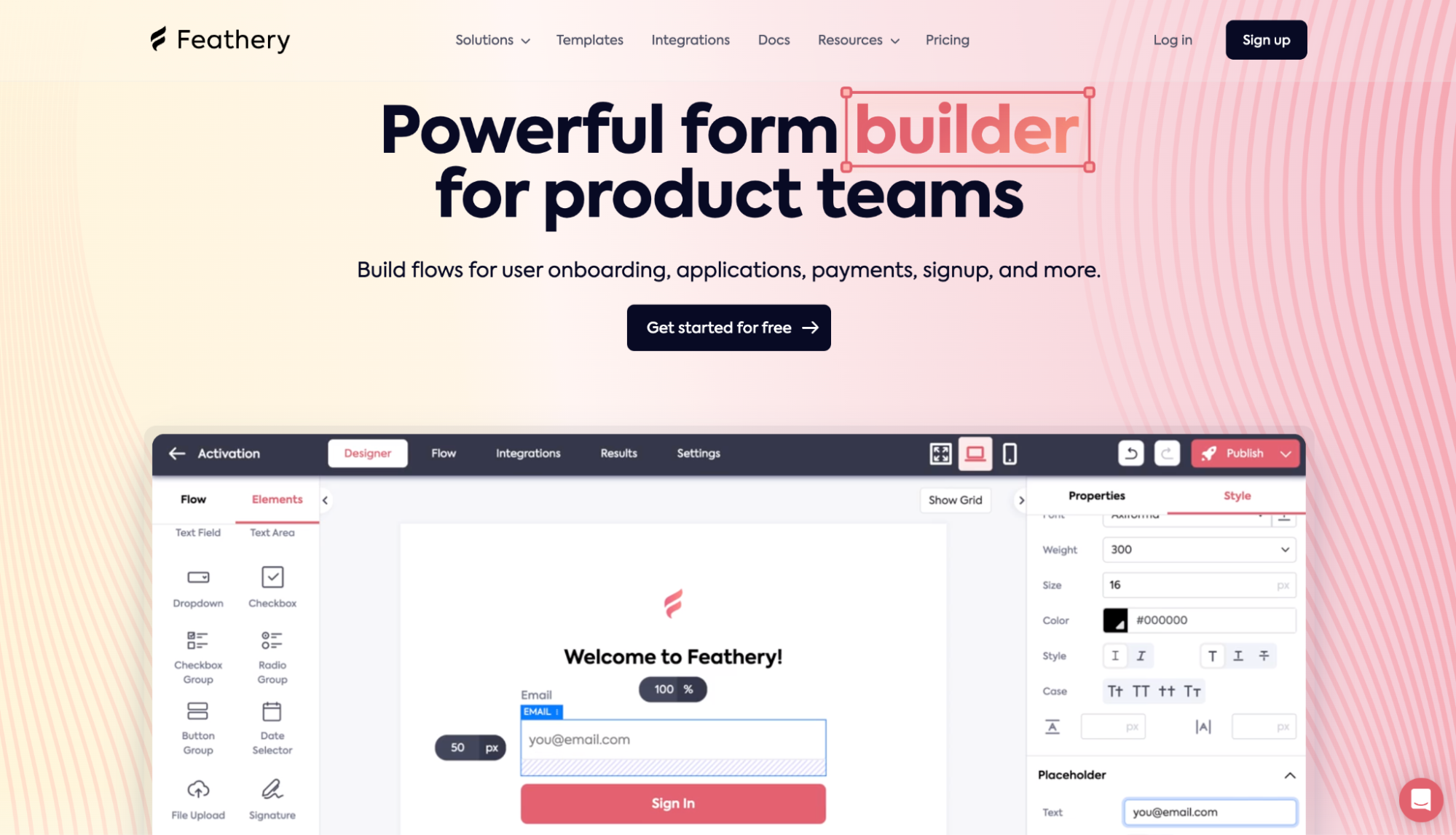Screenshot of Feathery homepage. Yellow and pink gradient background with headline "Powerful form builder for product teams"
