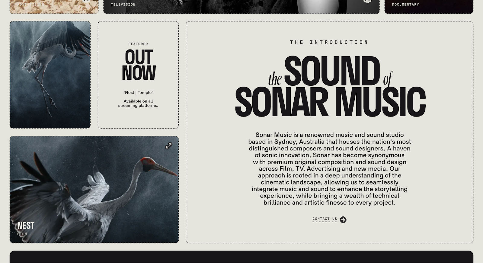 A screenshot of Sonar Music’s website showing a section with images and text boxes.