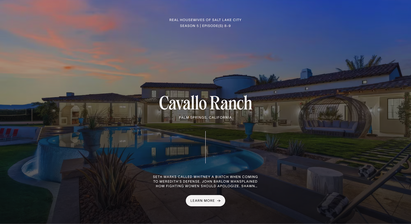 A screenshot showing white text that reads “Cavallo Ranch” over a faded background image of a hotel resort.