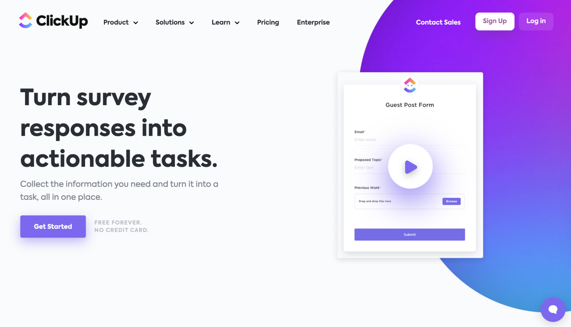 Screenshot of ClickUp homepage with headline "Turn surveyresponses into actionable tasks."