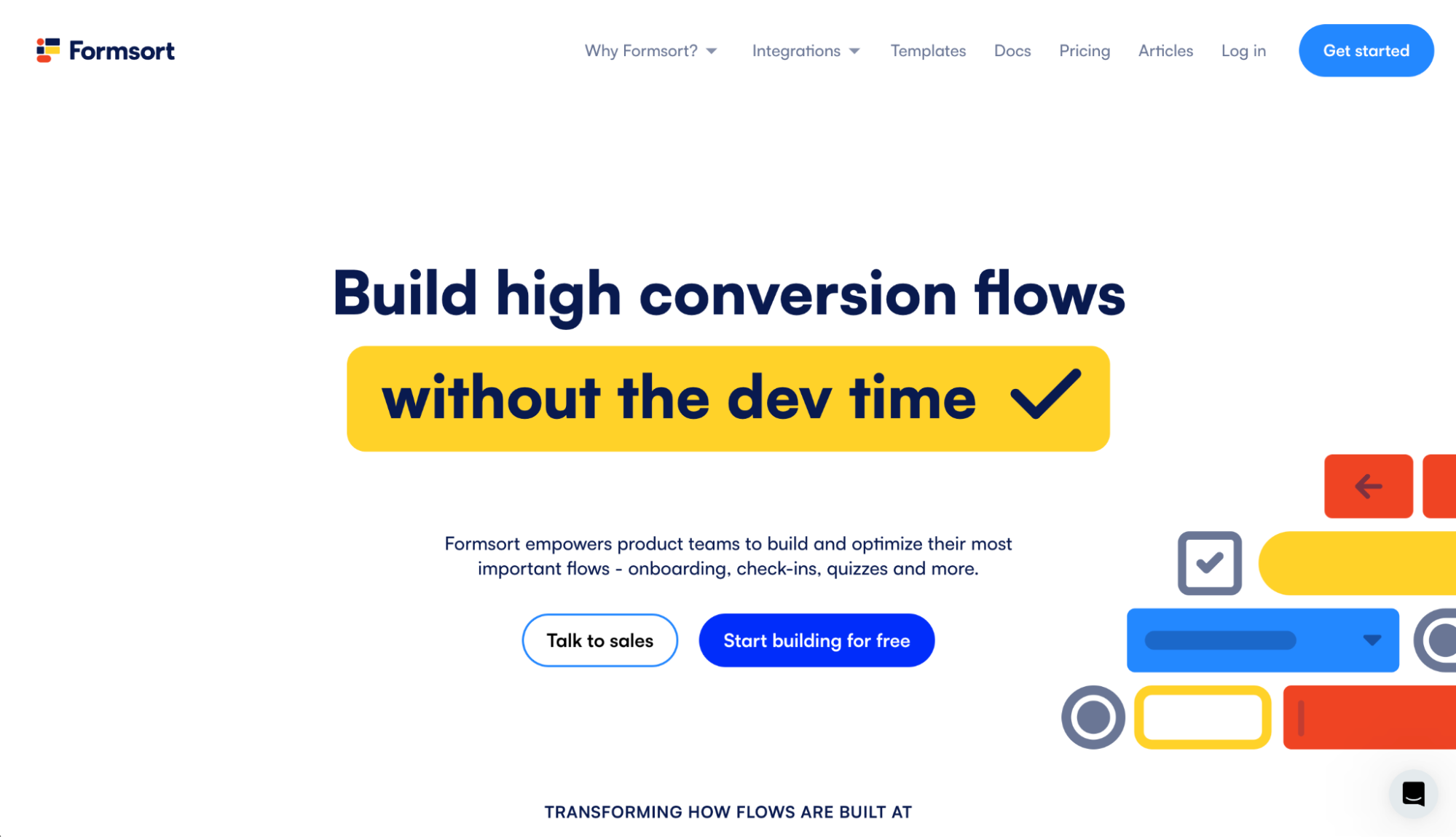Screenshot of Formsort homepage with headline "Build high conversion flows"