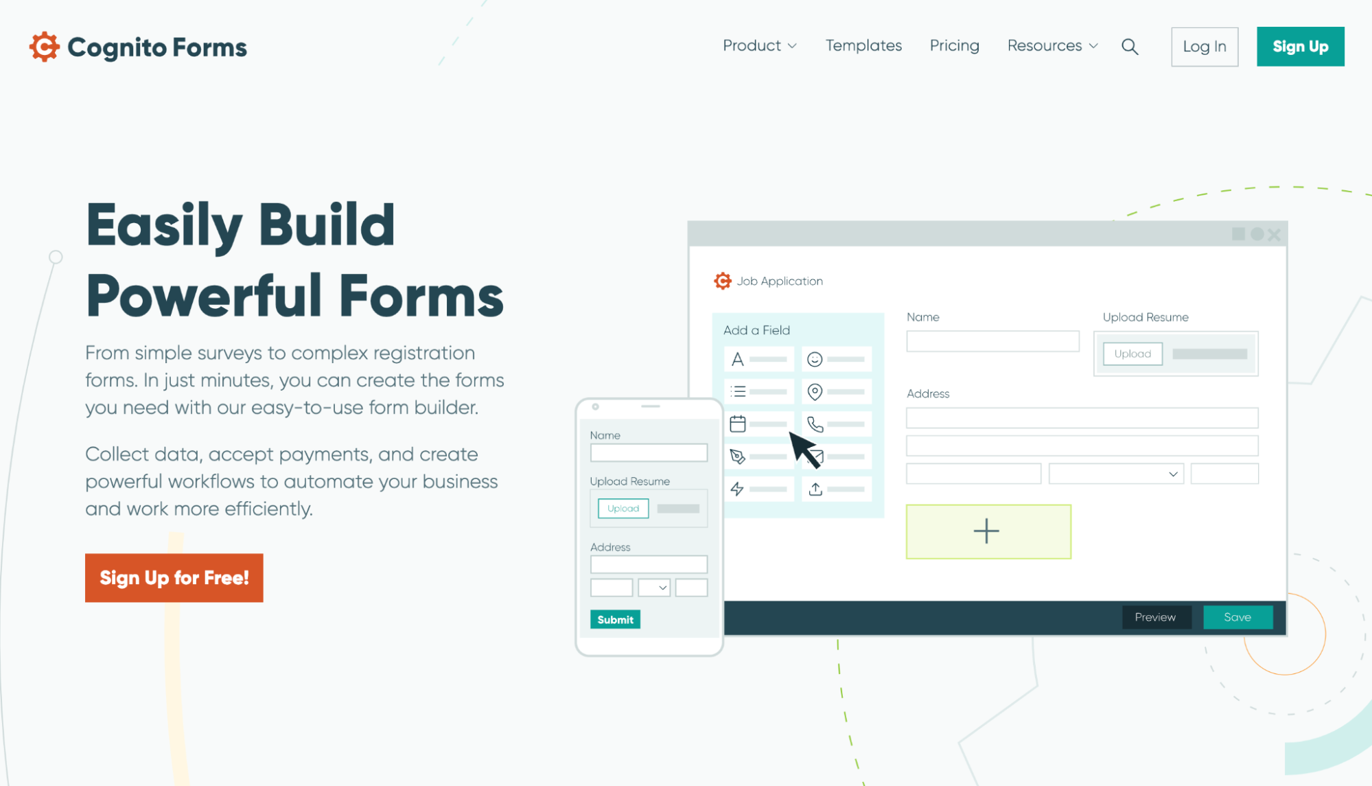 Screenshot of Cognito Forms homepage with headline "Easily BuildPowerful Forms"