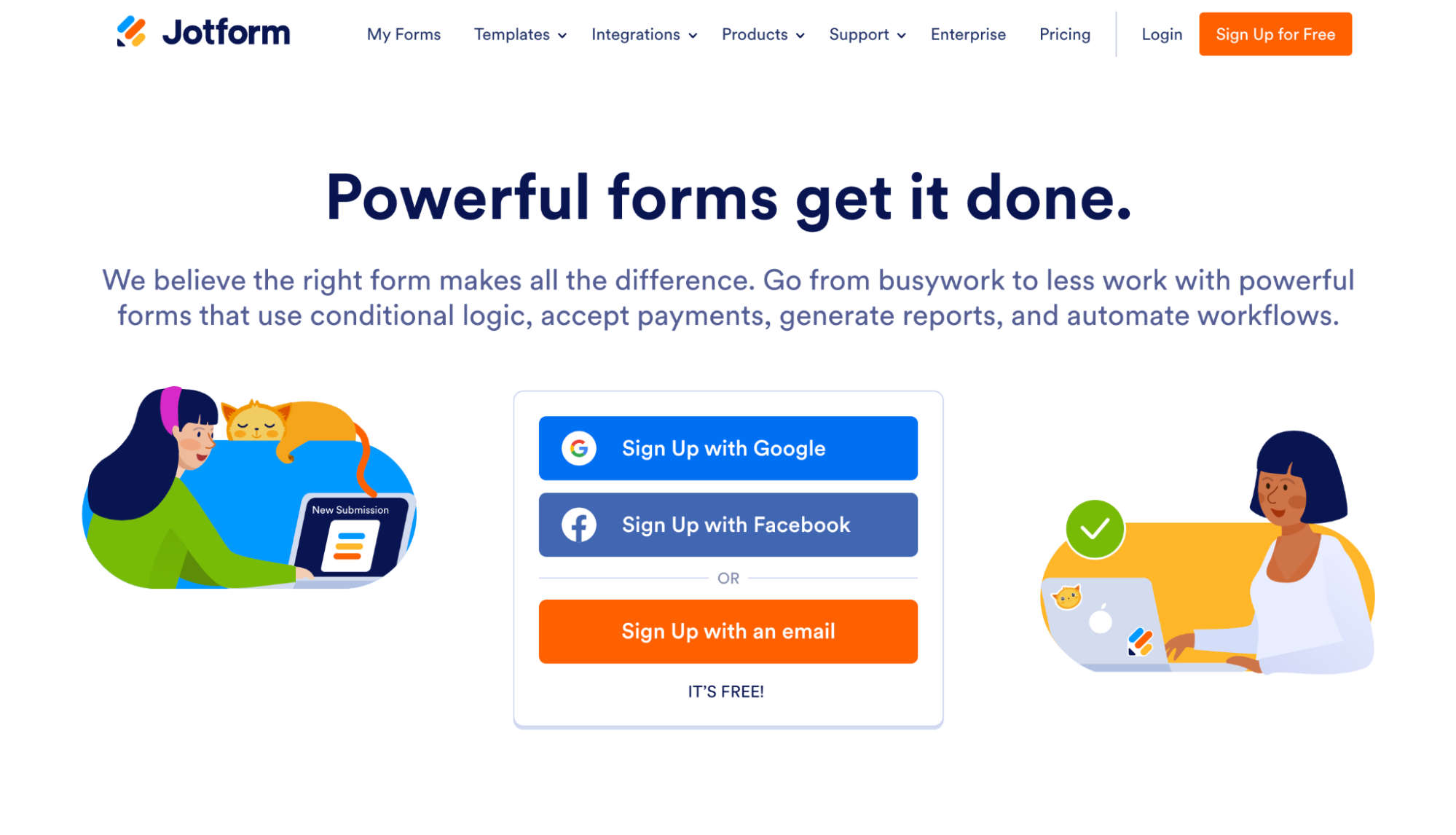 Screenshot of Jotform homepage with headline "Powerful forms get it done"