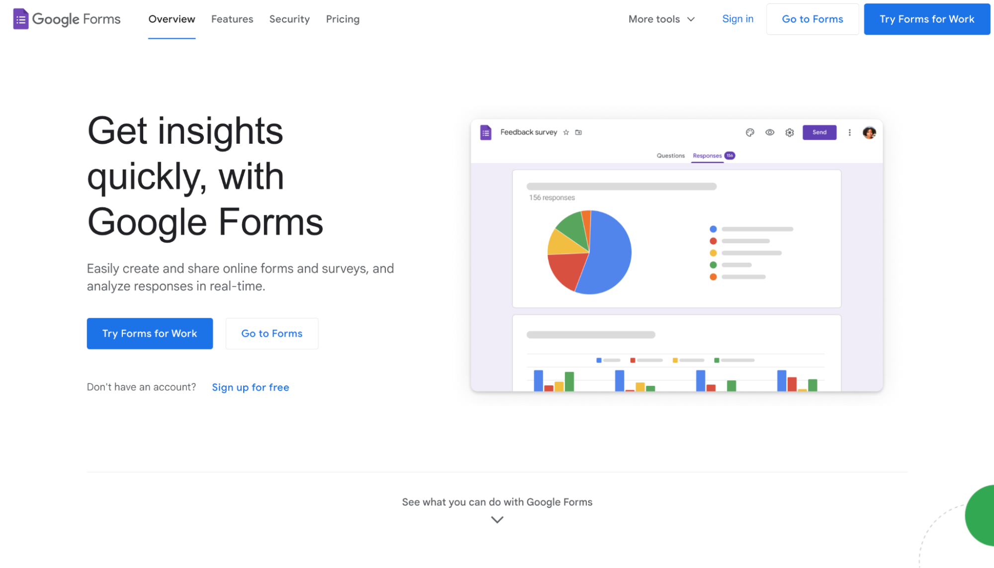 Screenshot of Google Forms homepage with headline "Get insights quickly, with Google Forms"