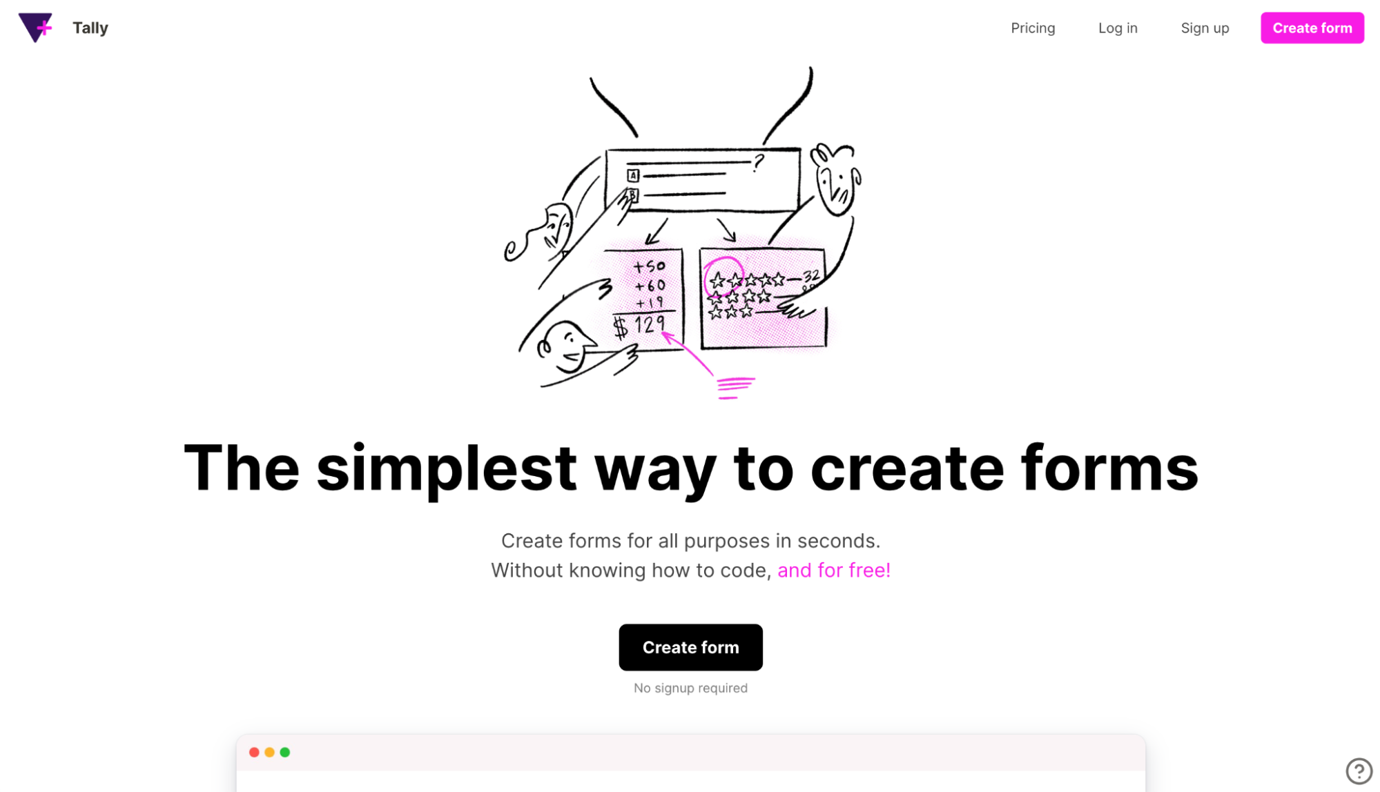 Screenshot of Tally homepage with headline "The simplest way to create forms"