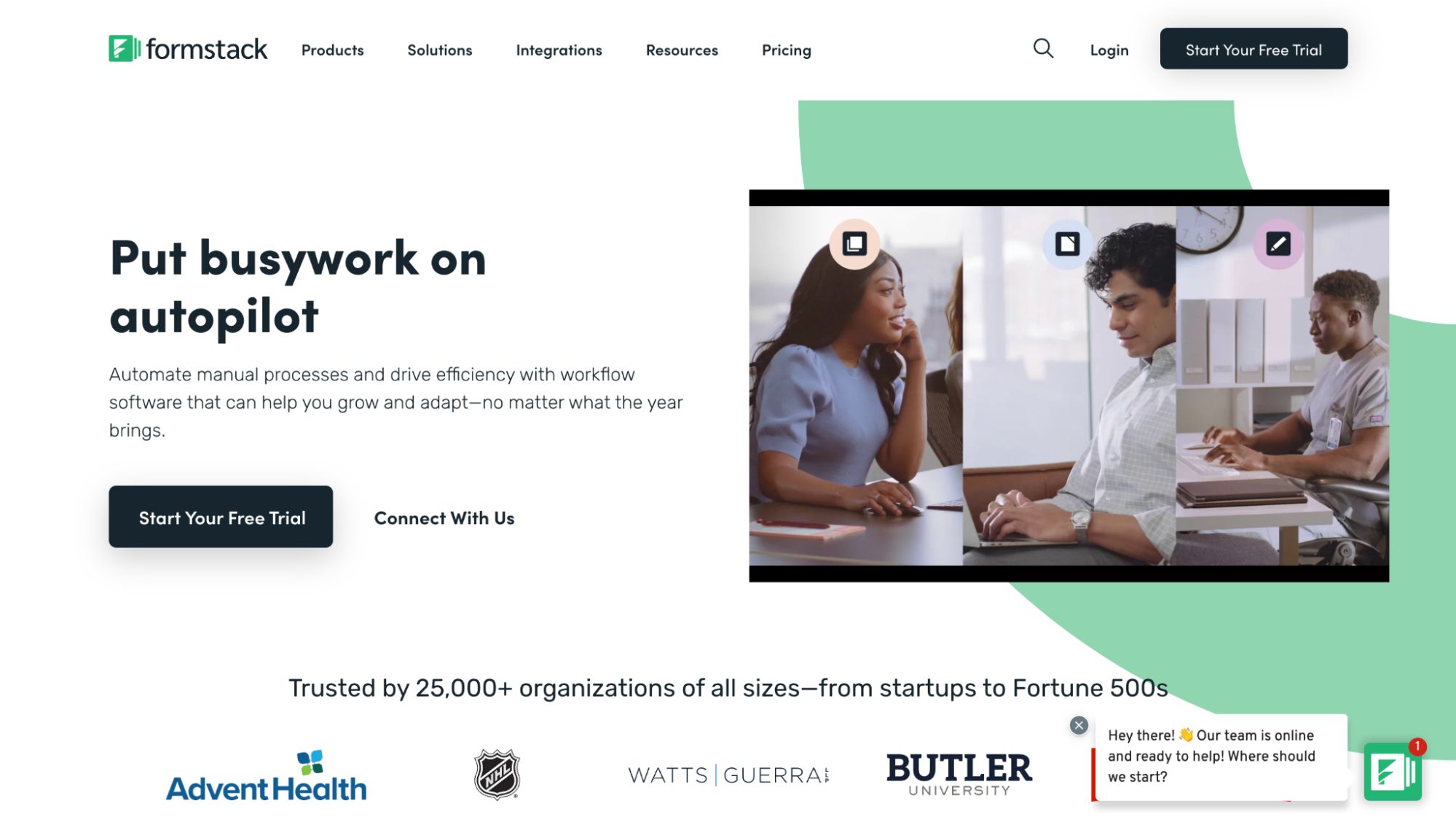Screenshot of Formstack homepage with headline "Put busywork on autopilot"