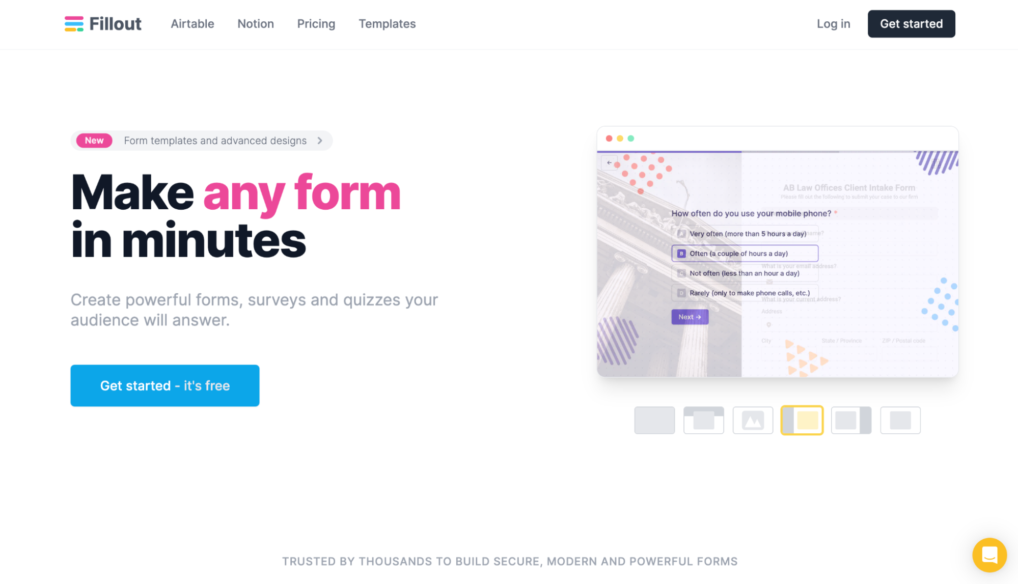 Screenshot of Fillout homepage with headline "Make any form in minutes"