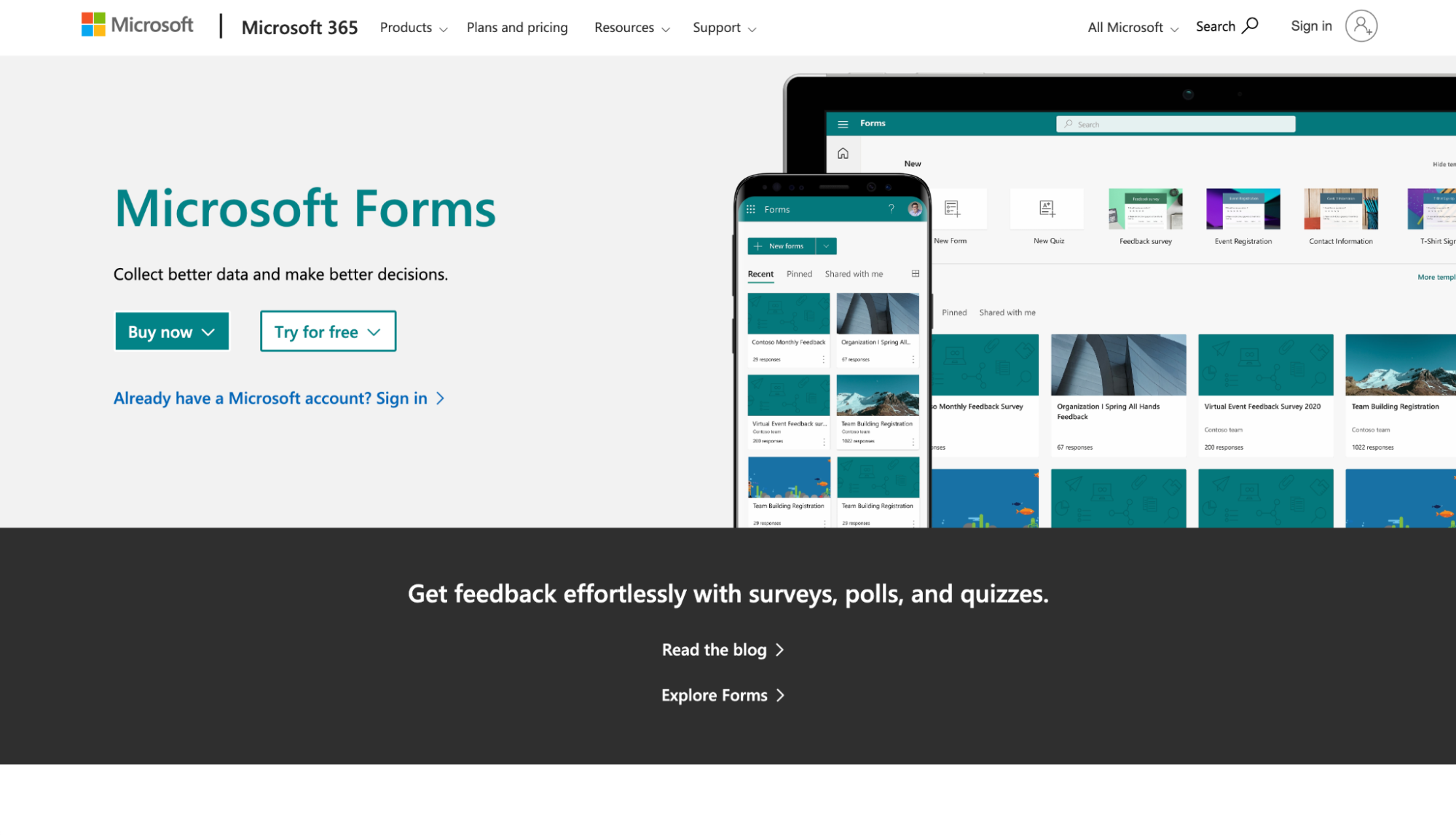Screenshot of Microsoft Forms homepage with headline "Collect better data and make better decisions"