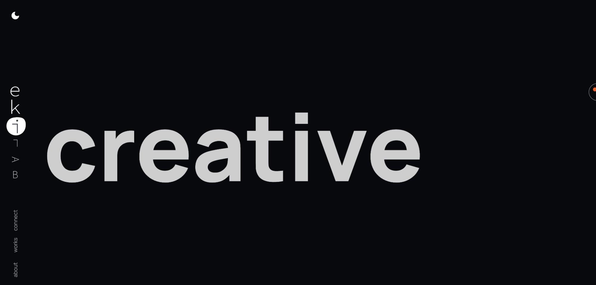 Ekilab website showing large white text "creative" on black background.