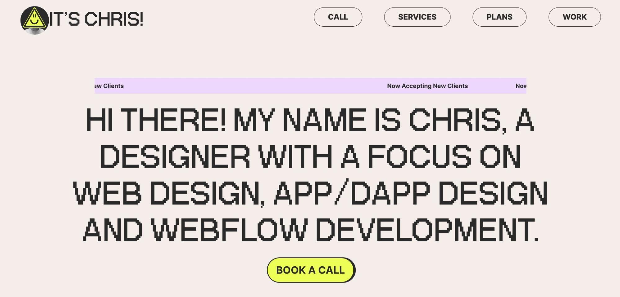 Chris Nelson website homepage featuring large, pixealted text.