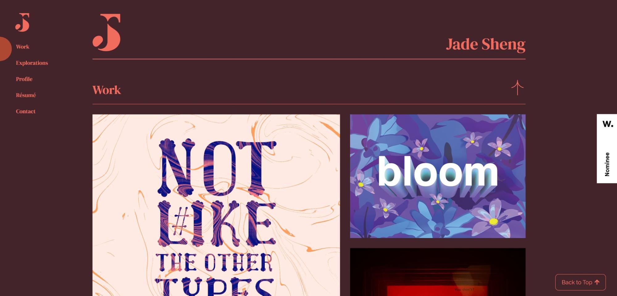 Jade Sheng website. Maroon background with coral text. Two lettering projects partially visible under "Work" header