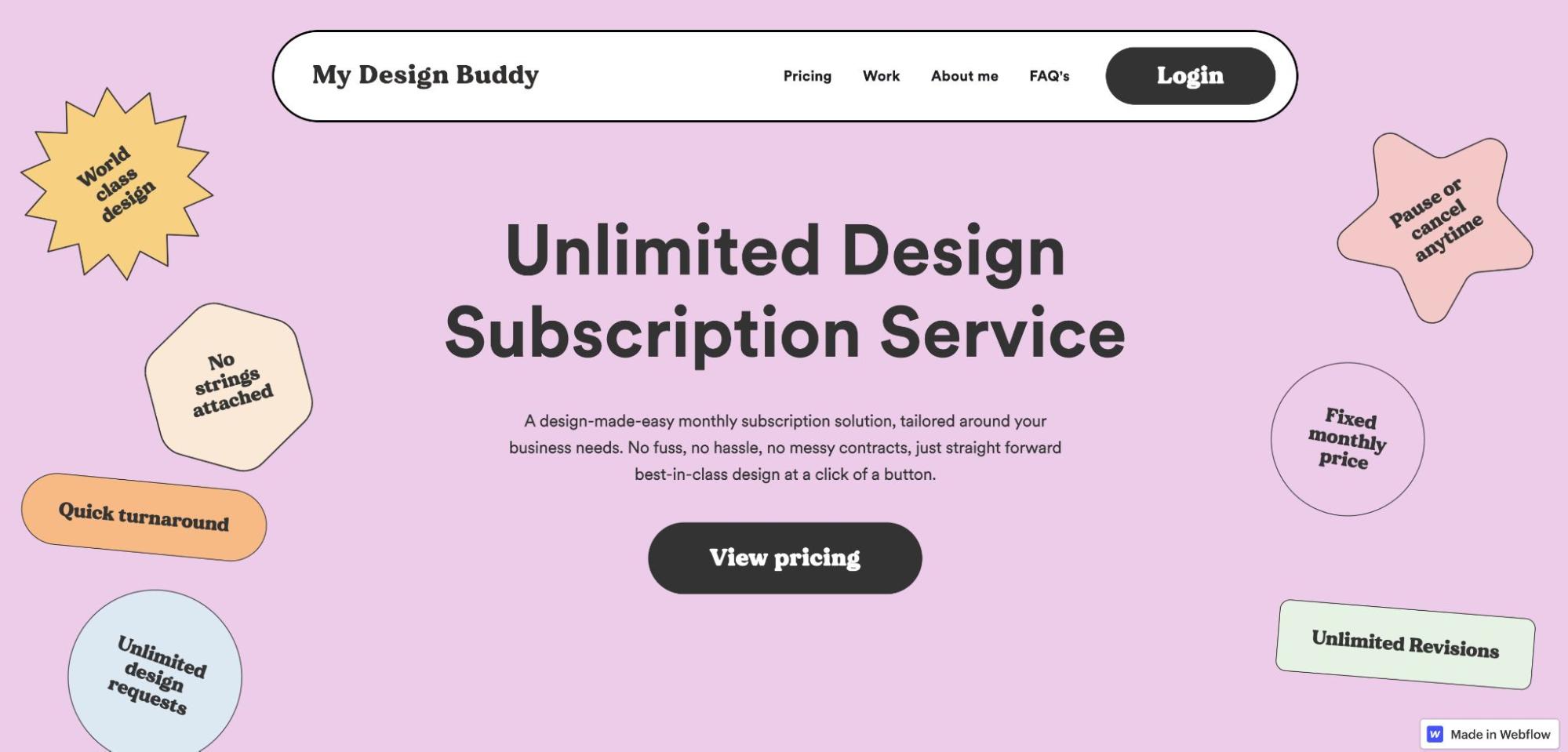 My Design Buddy homepage. Pink background with pastel-colored shapes accenting the text.