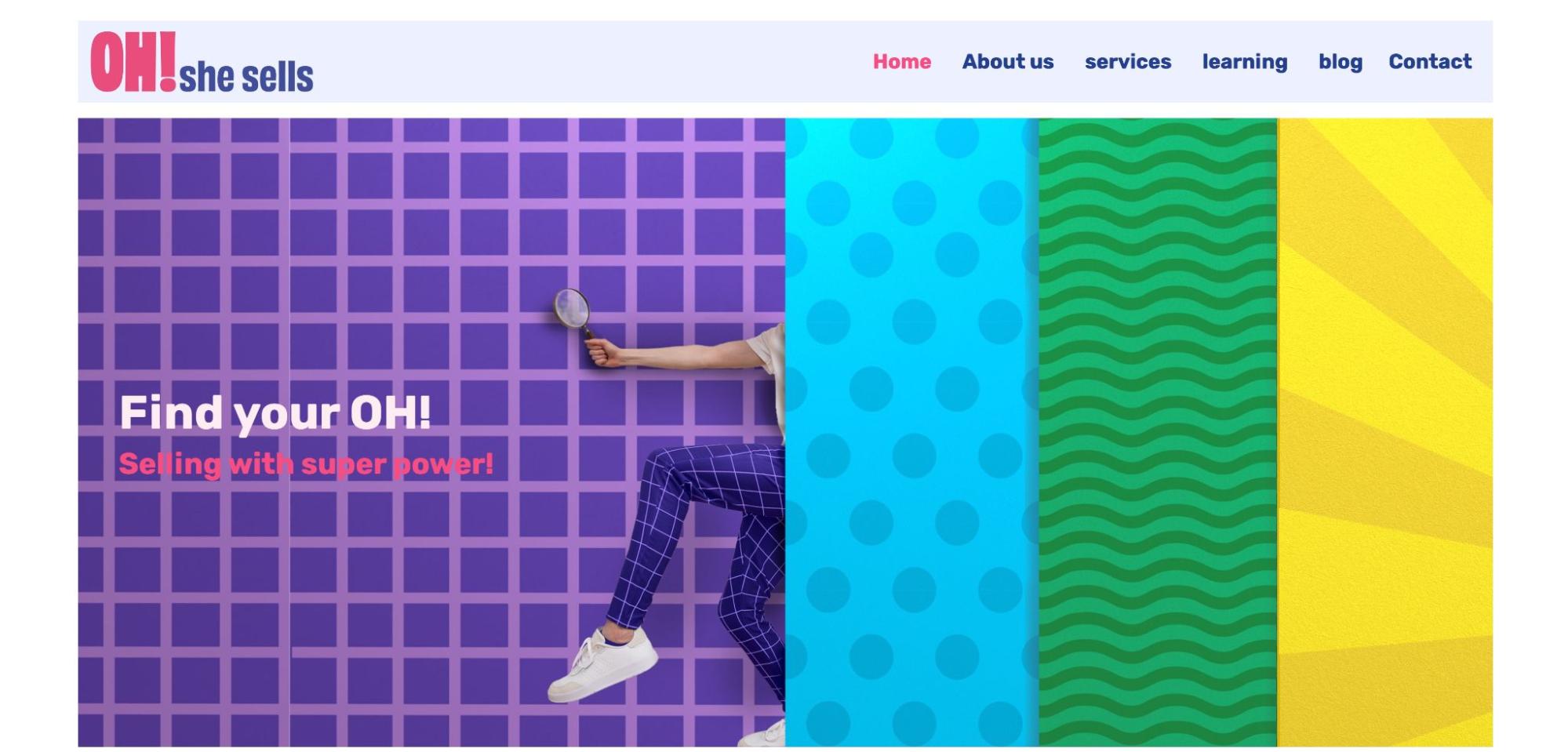 OH! She sells homepage with 4 vertical rectangles (purple, blue, green, yellow) as the background.