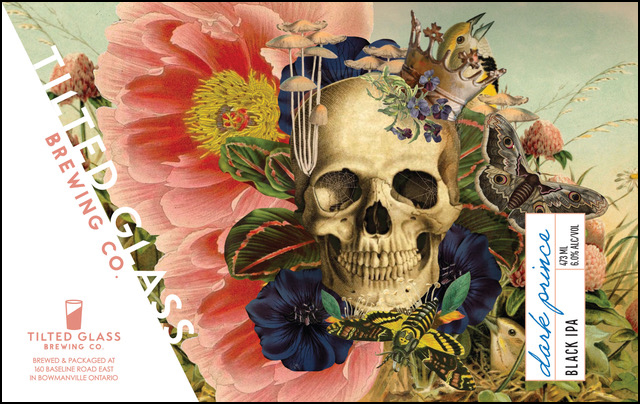 A beer label featuring an illustration of a crowned skull surrounded by fungus, insects, and flowers.