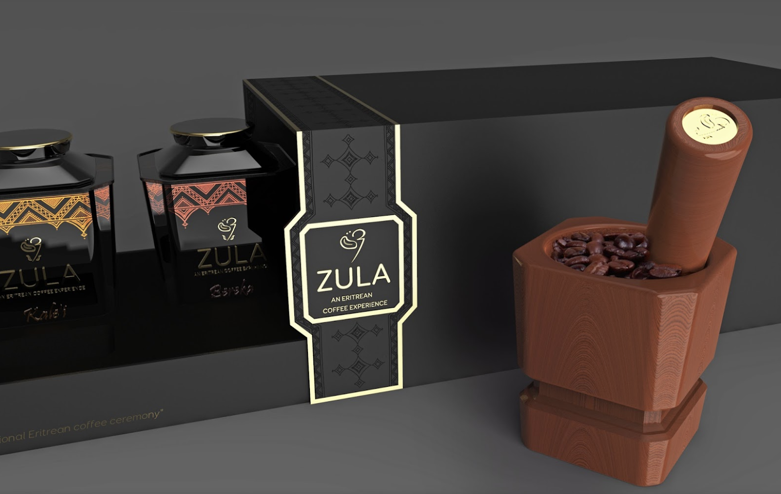 Photo of coffee beans in a brown mortar and pestle and a black box slid partially open to reveal two black tins with Eritrean-inspired labels.