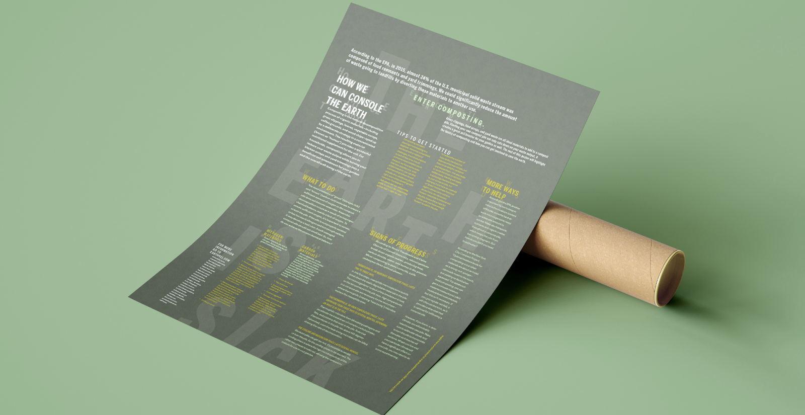 Photo of a text-heavy brochure propped on an empty paper towel roll against a sage-green backdrop.