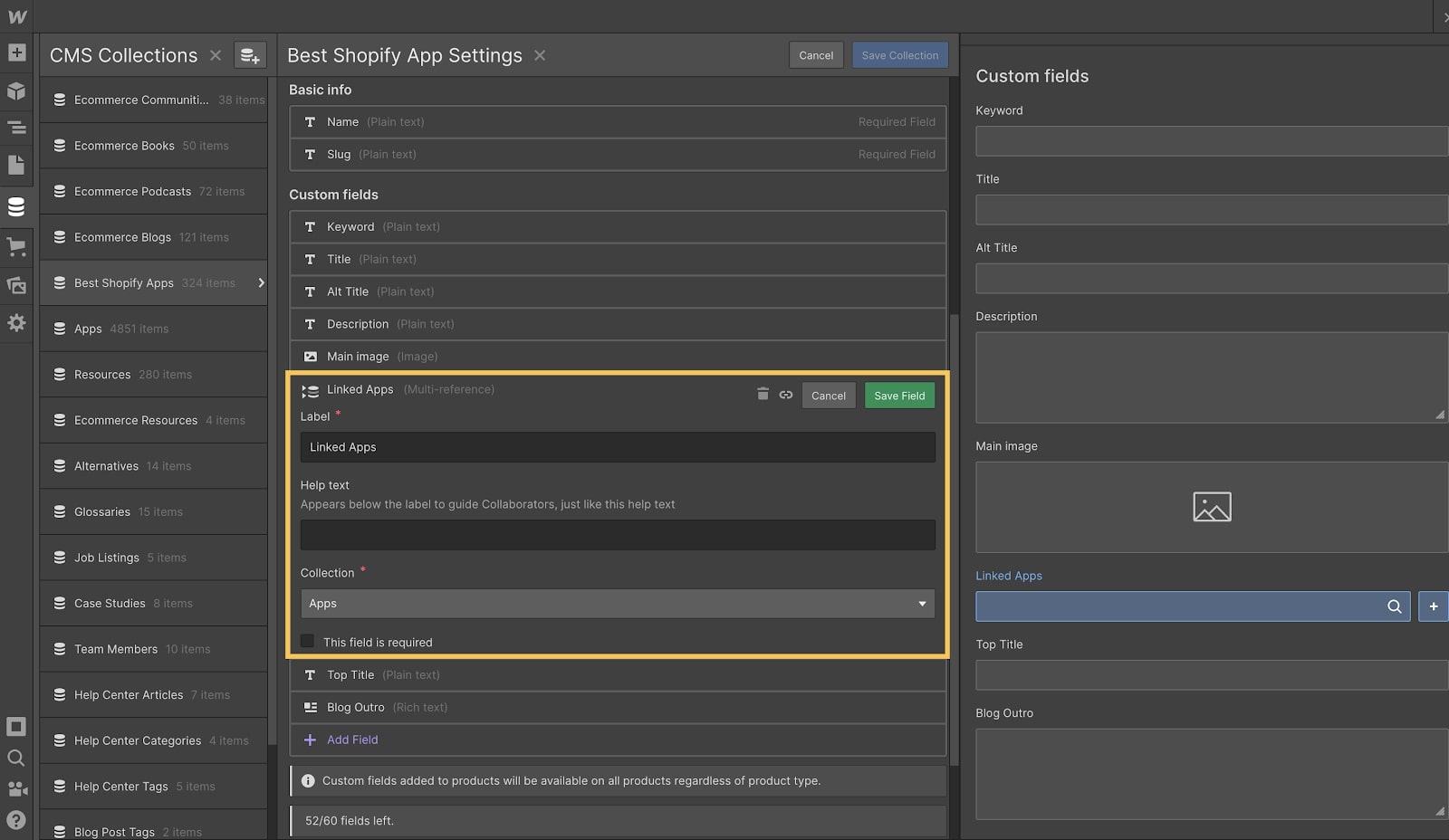 A multi-reference field in the Best Shopify Apps collection that would be linked to one or more apps in the Apps collection