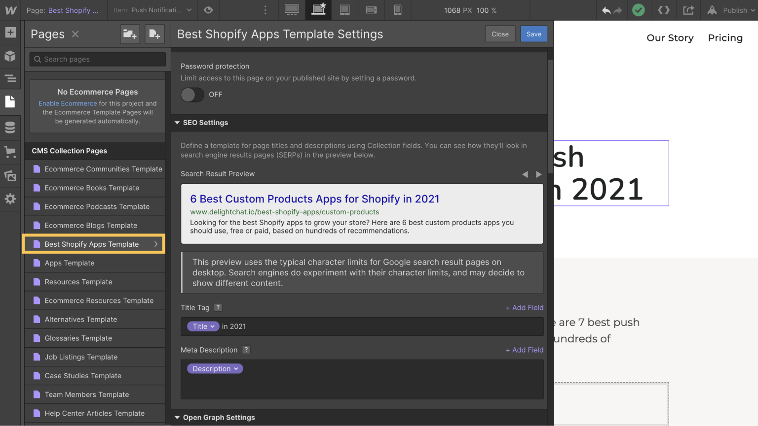 Configuring the title tag and meta description using CMS collection fields