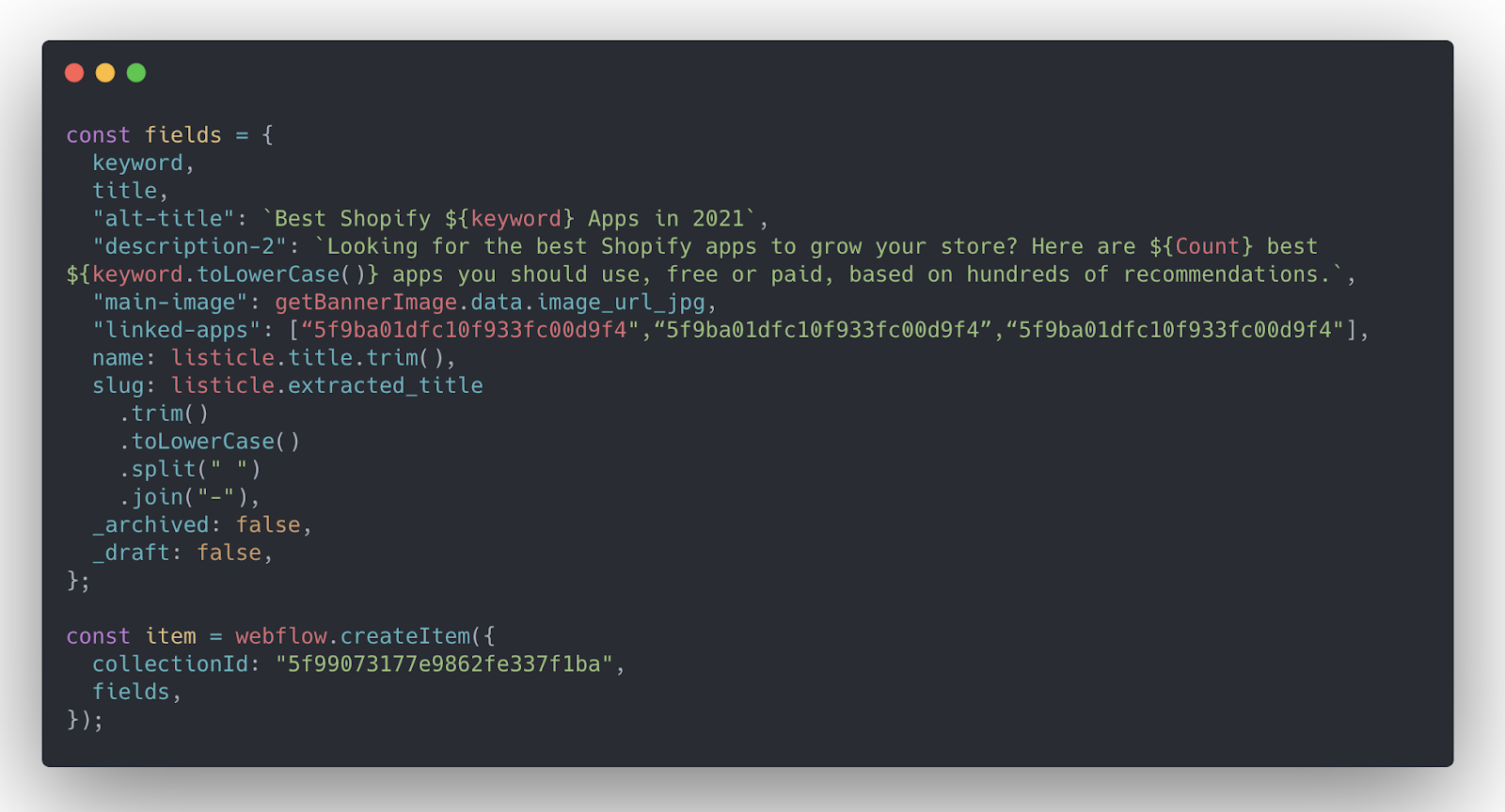 Adding multi-reference was as easy as passing an array of item IDs to the linked-apps field.