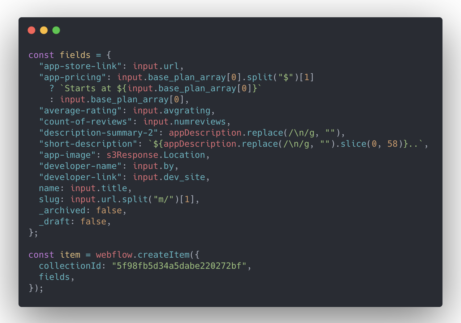 Code creates a new App collection item, whereas the upper part populates the collection fields for that item.