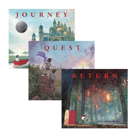 An image of Aaron Becker's Wordless Trilogy books: Journey, Quest and Return.