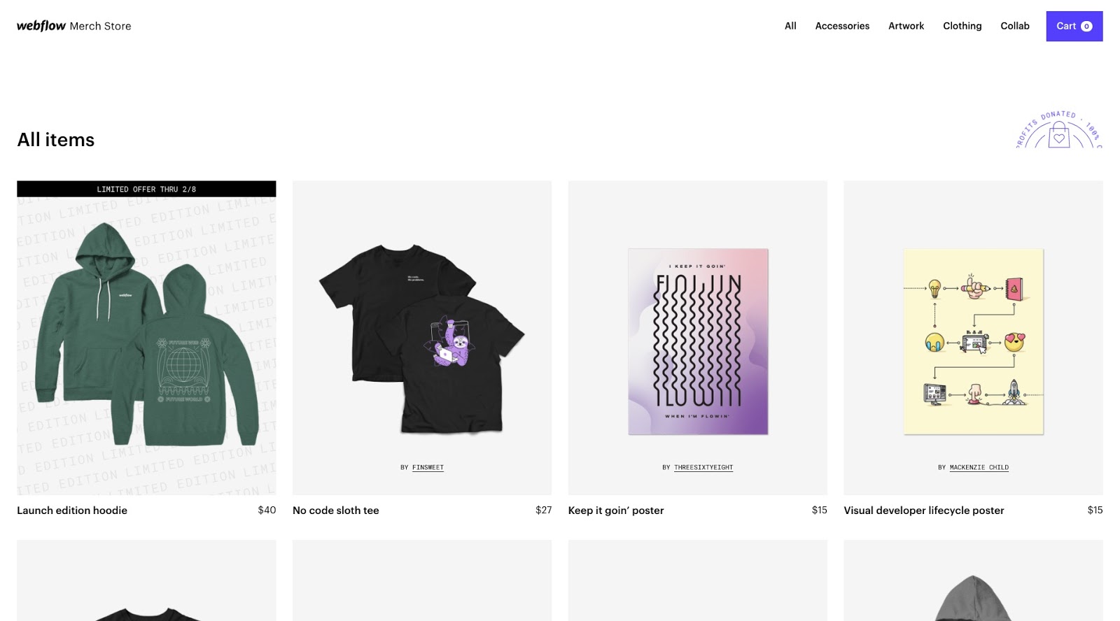screenshot of the webflow merch store